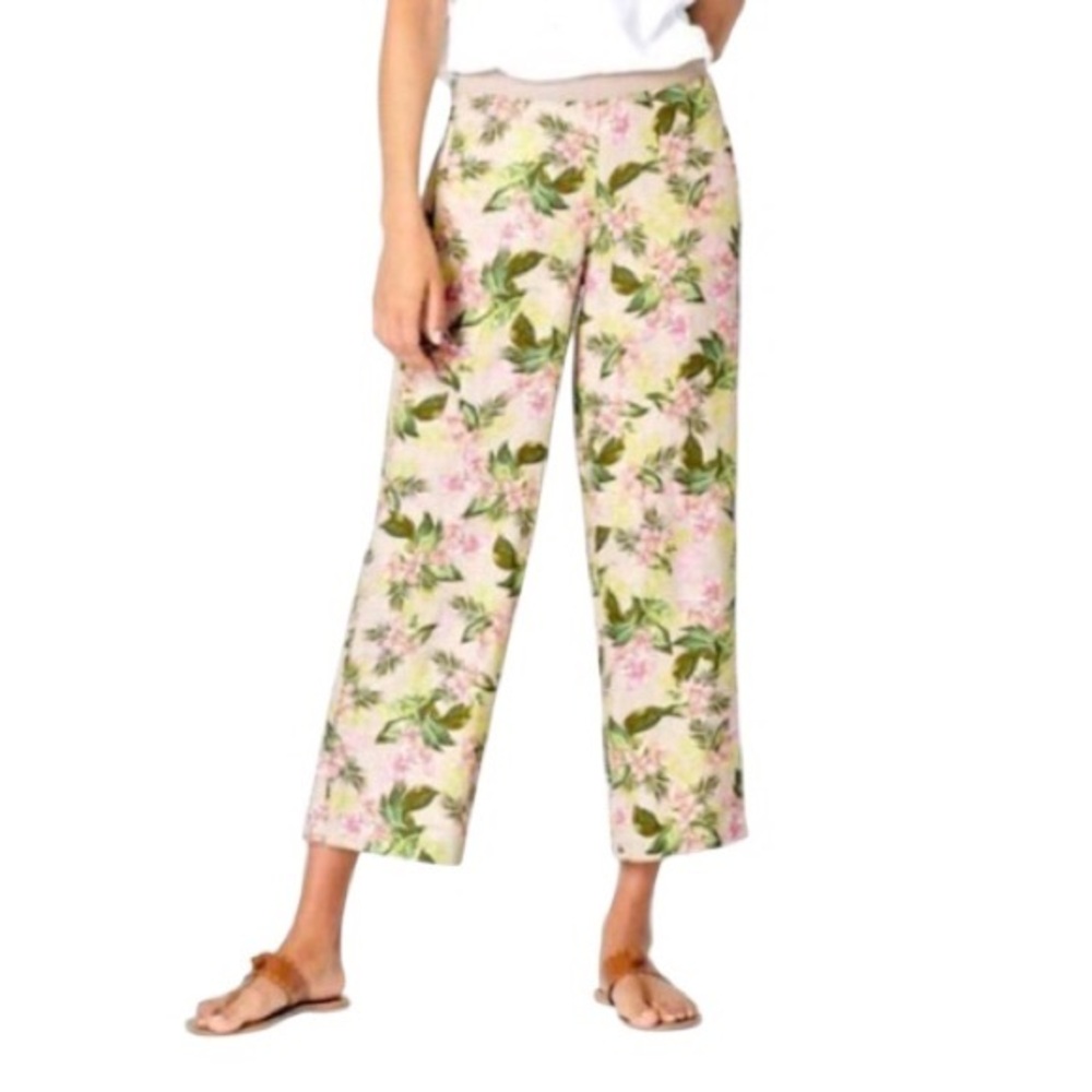 J Jill Love Linen Flax Orchids Wide Leg Pull On Crop Pants MP Resort Cruise